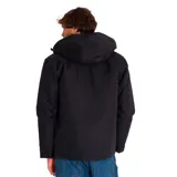 Chaqueta negra con logotipo de Caterpillar, capucha ajustable y múltiples bolsillos, diseñada con tecnologías de resistencia al agua y aislamiento reciclado.