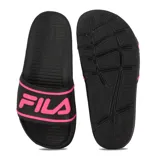 Chanclas Fila Sleek Slide, color negro con logo Fila en rosa.