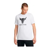Remera deportiva Under Armour Project Rock, color blanco, de corte clásico y mangas cortas. Presenta un estampado frontal con el logo de Project Rock y la leyenda "Project Rock".
