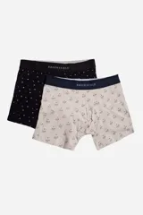 Pack de boxers estampados con cintura elástica y logotipo, uno negro y otro claro.
