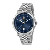 Reloj Maserati Epoca con caja de acero inoxidable plateado de 42mm y correa de malla de acero inoxidable. Esfera azul con detalles dorados y movimiento de cuarzo. Resistente al agua hasta 100 metros.