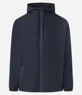 Campera rompevientos color verde oliva, con capucha ajustable con cordón, cierre frontal con cremallera, bolsillos laterales con cremallera y puños elásticos.