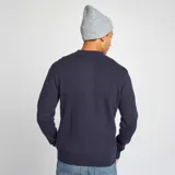 Cárdigan azul marino de punto de lana con cuello redondo y cierre frontal con botones.