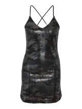 Vestido corto negro con lentejuelas plateadas, escote en V y breteles finos.