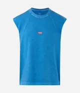 Musculosa sin mangas, corte boxy, color azul celeste con efecto desteñido. Presenta un pequeño logo bordado en el pecho.