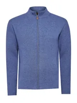 Sweater azul de punto con cierre frontal completo, cuello alto y mangas largas.