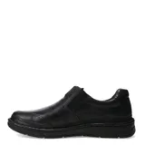 Zapato de vestir para hombre, color negro, estilo mocasín slip-on con elástico lateral para ajuste. Confeccionado en cuero legítimo, presenta costuras decorativas en la puntera y suela gruesa de goma antideslizante.