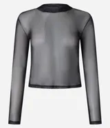 Blusa de tul transparente color negro, con cuello alto y mangas largas.