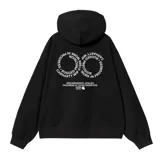 Buzo hoodie negro de corte holgado, con capucha ajustable con cordón y bolsillo tipo canguro. Estampado circular con el logo de Carhartt WIP en el pecho.