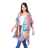 Kimono de gasa sintética liviana con estampado floral multicolor estilo acuarela, de calce suelto y ruedo recto con caída natural.