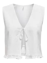 Chaleco blanco de lino, algodón y viscosa con cuello en V, sin mangas y cierre frontal con lazos.