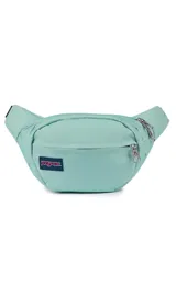 Riñonera JanSport Fifth Avenue color celeste, con dos compartimentos con cierre y correa ajustable con hebilla.