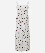 Vestido midi evasé sin mangas, confeccionado en tejido airflow color blanco con estampado de lunares marrones. Presenta escote corazón, breteles anchos con elásticos y lastex en la espalda.