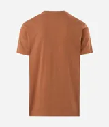 Remera masculina de algodón color tostado, con cuello redondo y manga corta. Presenta un estampado localizado de íconos playeros en negro en el pecho.