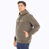 Buzo con capucha color verde oliva con cordones ajustables y bolsillo tipo canguro. Estampado frontal con el nombre de la marca en color beige.