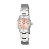 Reloj Casio para mujer modelo LTP1241D-4A3DF, con caja y correa de acero plateado, esfera rosa de 28mm y calendario.
