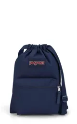 Mochila tipo drawstring bag color azul marino con logo JanSport estampado en blanco. Tiene un bolsillo frontal con cierre.