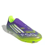 Championes de fútbol Adidas F50 League FG, diseño unisex en colores púrpura, blanco y amarillo limón.