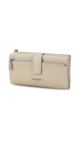 Billetera de mujer color beige, con presilla con broche, correa de mano, tarjeteros internos, monedero con cierre y bolsillo para billetes.
