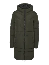 Campera acolchada verde oscuro con capucha, cierre frontal con cremallera y bolsillos laterales.