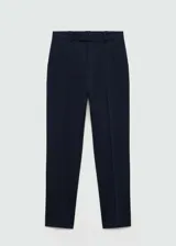 Pantalón de vestir azul marino de corte recto, con tiro medio, trabillas para cinturón, bolsillos laterales y bolsillos de ribete en la parte trasera.