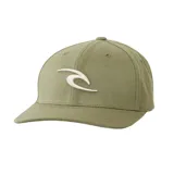 Gorra Rip Curl Tepan 2.0 Flexfit color verde oliva con logo bordado en blanco.