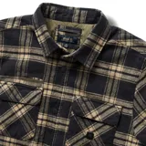 Campera tipo sobrecamisa a cuadros color negro y beige, con cuello clásico, cierre frontal con botones, dos bolsillos en el pecho con solapa abotonada y puños abotonados.