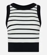 Musculosa sin mangas de poliamida seamless, con cuello redondo, acanalada y rayada horizontalmente en blanco y negro.