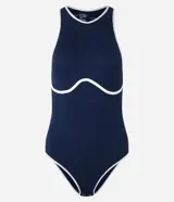 Body de lycra azul marino con textura acanalada, cuello redondo, sin mangas y bies contrastante blanco.