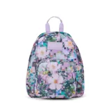 Mochila Jansport modelo Half Pint con estampado floral pixelado en tonos violeta, lila, celeste y blanco.