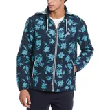 Campera con capucha y cierre frontal, color azul marino con estampado floral celeste.