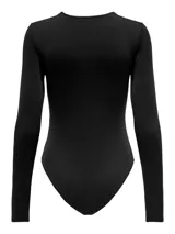 Body negro de manga larga con cuello redondo y cierre con broches.