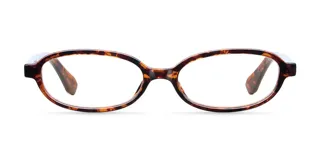 Montura de lentes para computadora con filtro de luz azul, de forma ovalada y montura gruesa con patrón carey (tortoise). Las patillas son de color blanco translúcido en la parte superior y carey en la parte inferior.