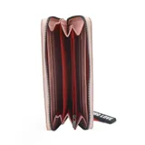 Billetera negra con cierre, con estampa de la marca Las Oreiro en color rojo.