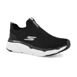 Championes Skechers Max Cushioning Elite negros con suela blanca y logo plateado.