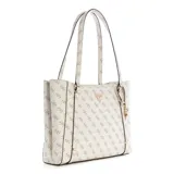 Cartera tote Guess modelo Daryna mediana, color blanco con estampado del logo de la marca en marrón. Tiene doble asa de hombro, cierre superior con cremallera y dije colgante con el logo de Guess.