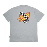 Remera gris jaspeado de manga corta con estampa en la espalda de un aro a cuadros con llamas.