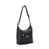 Bandolera negra de símil cuero con dos bolsillos frontales con cierre, un bolsillo trasero y tres bolsillos internos. Incluye correa larga regulable de símil cuero a tono.