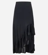 Pollera midi de chiffon color negro, con corte mullet y volado en el bajo.