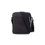 Morral bandolera negro de tela canvas con correa regulable. Tiene apertura superior con cierre, bolsillo frontal con cierre, bolsillos internos y bolsillo trasero con cierre.