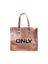 Bolso tipo tote bag metalizado color rosa dorado, con asas cortas y logo "ONLY" estampado en negro.