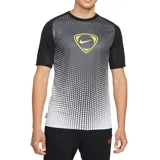 Camiseta deportiva Nike Academy negra con estampado degradado de puntos blancos en el frente y logo triangular con swoosh amarillo.
