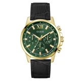 Reloj Guess Walker con caja dorada, esfera verde con tres subesferas y correa de cuero negro con textura.