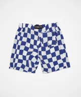 Short de baño de corte cuadrado con cintura elástica ajustable, bolsillos laterales y traseros, sin rejilla interior y diseño impreso.