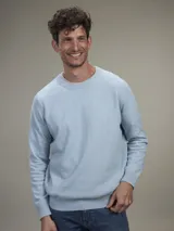 Sweater celeste de algodón con cuello redondo.