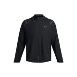 Campera negra con cierre frontal, diseño ligero y capucha ajustable, ideal para actividades al aire libre.