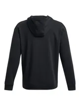 Buzo negro con capucha de la colección Project Rock de Under Armour. Tiene un logo pequeño con el toro característico de la marca en el pecho y un bolsillo tipo canguro en la parte delantera.
