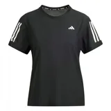 Remera deportiva Adidas Own The Run para mujer, color negro con tres tiras blancas en las mangas y logo blanco en el pecho.