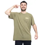 Remera verde militar de algodón orgánico con cuello redondo y mangas cortas. Estampado pequeño en el pecho con el logo de La Vela Puerca.