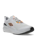 Championes grises de running, marca Umbro, con detalles en naranja y suela negra.